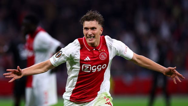 AMSTERDAM, NETHERLANDS - SEPTEMBER 26: Mika Godts of Ajax celebrates scoring his team's second goal during the UEFA Europa League 2024/25 League Phase MD1 match between AFC Ajax and Besiktas JK at Johan Cruijff Arena on September 26, 2024 in Amsterdam, Netherlands. (Photo by Dean Mouhtaropoulos/Getty Images)