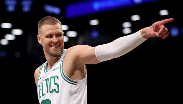 NEW YORK, NEW YORK - MARCH 15: Kristaps Porzingis #8 of the Boston Celtics celebrates during the second half against the Brooklyn Nets at Barclays Center on March 15, 2025 in the Brooklyn borough of New York City. The Boston Celtics defeated the Brooklyn Nets 115-113.NOTE TO USER: User expressly acknowledges and agrees that, by downloading and or using this photograph, User is consenting to the terms and conditions of the Getty Images License Agreement. (Photo by Elsa/Getty Images)