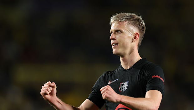 LAS PALMAS, SPAIN - FEBRUARY 22: Dani Olmo of FC Barcelona celebrates scoring his team's first goal during the LaLiga match between UD Las Palmas and FC Barcelona at Estadio Gran Canaria on February 22, 2025 in Las Palmas, Spain. (Photo by Florencia Tan Jun/Getty Images)