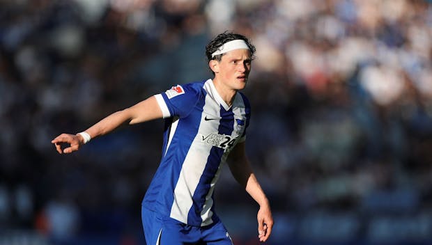 BERLIN, GERMANY - APRIL 25: Fabian Reese of Hertha BSC reacts during the Second Bundesliga match between Hertha BSC and 1. FC Magdeburg at Olympiastadion on April 25, 2025 in Berlin, Germany. (Photo by Maja Hitij/Getty Images)
