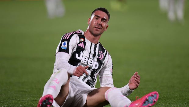 VENICE, ITALY - MAY 25: Dušan Vlahović of Juventus smiles during the Serie A match between Venezia and Juventus at Stadio Pier Luigi Penzo on May 25, 2025 in Venice, Italy. (Photo by Alessandro Sabattini/Getty Images)