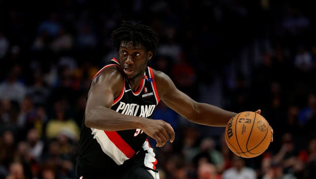PORTLAND, OREGON - APRIL 11: Sidy Cissoko #91 of the Portland Trail Blazers dribbles during the fourth quarter of the game against the Golden State Warriors at the Moda Center on April 11, 2025 in Portland, Oregon. The Golden State Warriors won 103-86. NOTE TO USER: User expressly acknowledges and agrees that, by downloading and or using this photograph, User is consenting to the terms and conditions of the Getty Images License Agreement. (Photo by Alika Jenner/Getty Images)