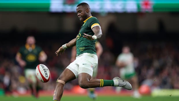 CARDIFF, WALES - NOVEMBER 23: Aphelele Fassi of South Africa during the Autumn Nations Series 2024 match between Wales and South Africa at Principality Stadium on November 23, 2024 in Cardiff, Wales. (Photo by Michael Steele/Getty Images)
