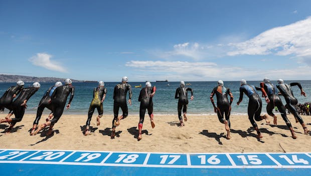 VIÑA DEL MAR, CHILE - NOVEMBER 02: Athletes on the swim course compete in the Men's Triathlon at Playa El Sol on Day 13 of Santiago 2023 Pan Am Games on November 02, 2023 in Viña del Mar, Chile. (Photo by