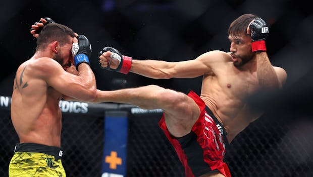 MIAMI, FLORIDA - APRIL 12: Yair Rodriguez of Mexico (R) kicks Patricio Pitbull of Brazil in a featherweight fight during UFC 314 at Kaseya Center on April 12, 2025 in Miami, Florida. (Photo by Megan Briggs/Getty Images)