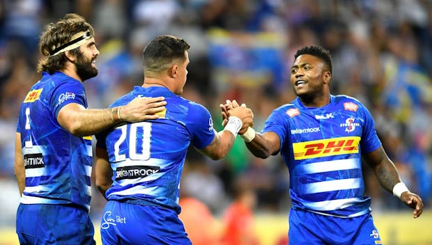CAPE TOWN, SOUTH AFRICA - APRIL 27: Willie Engelbrecht of the Stormers celebrate after scoring a try during the United Rugby Championship match between DHL Stormers and Leinster at DHL Stadium on April 27, 2024 in Cape Town, South Africa. (Photo by Ashley Vlotman/Gallo Images/Getty Images)