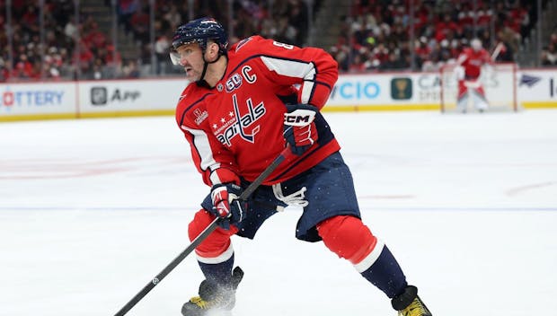 WASHINGTON, DC - JANUARY 10: Alex Ovechkin #8 of the Washington Capitals skates against the Montreal Canadiens at Capital One Arena on January 10, 2025 in Washington, DC. (Photo by Patrick Smith/Getty Images)
