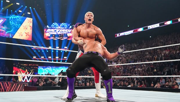 LYON, FRANCE - MAY 04: Cody Rhodes sets up Cross Rhodes on AJ Styles during Backlash France at LDLC Arena on May 4, 2024 in Lyon, France. (Photo by WWE/Getty Images)